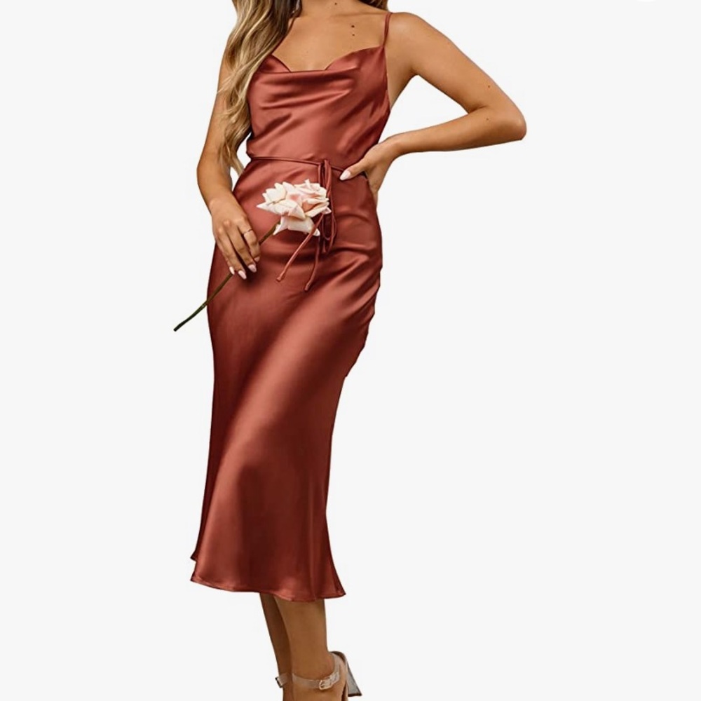 Rust cowlneck wedding guest dress!